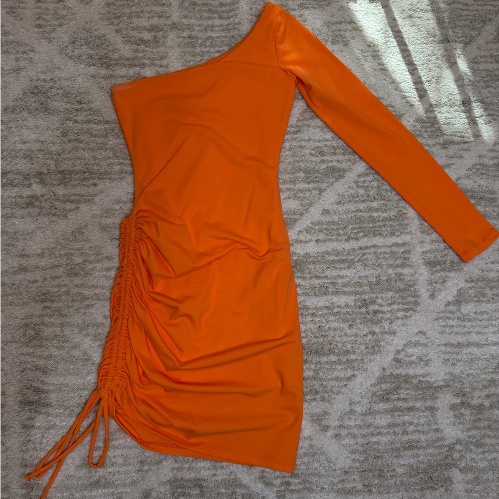 One-Shoulder Orange Ruched Side-Drawstring Mini Dress